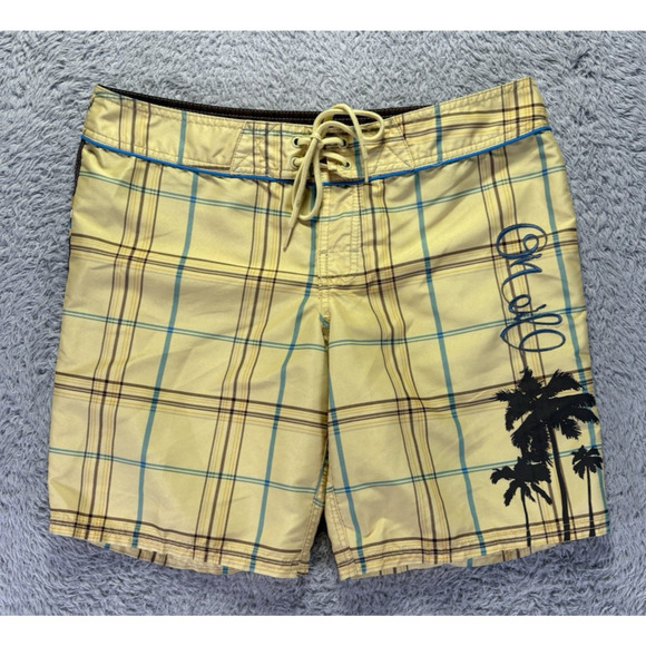 Vtg O'Neill Women Long Board Swim Shorts Sz 9 Yellow Plaid Embroidered Palm Surf - Picture 1 of 11